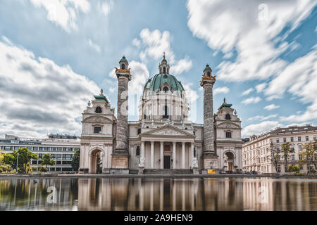 Daytime long Exposure shot of baroque Karlskirch, St. Charle's Church in Vienna, Austria Stock Photo