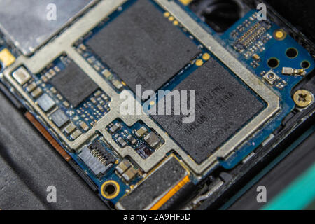 Close up of phone electronics, processor, GPU,memory chip Stock Photo