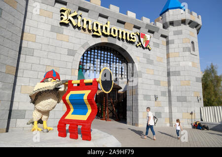 DUBAI, UAE, JANUARY 09, 2019: Entrance to the Kingdoms in theme park Legoland at Dubai Parks Stock Photo