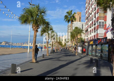 Early morning view along the promenade on Playa Levante beach in late summer, Benidorm, Alicante Province, Spain Stock Photo