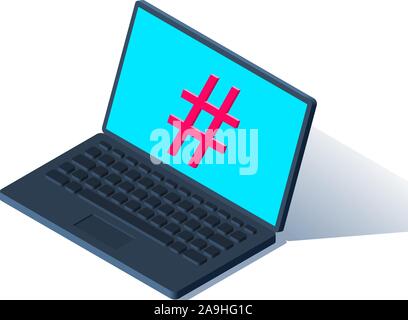 Isometric laptop or notebook with hashtag on the screen as a symbol of social movements and connection Stock Vector