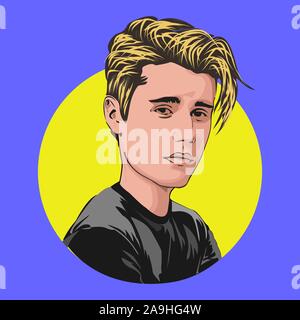Justin Bieber line art, carton portrait, bighead vector. Famous singer in America. Design for t-shirt, banner, social media post. Stock Vector