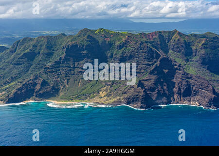 Aerial view of Kauai south coast showing mountains, beach and rugged coastline near Poipu Kauai Hawaii USA Stock Photo