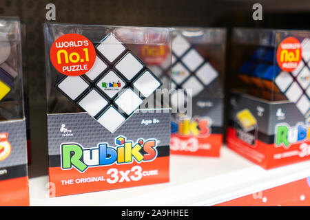 Rubik's cube on shelves ready for Christmas, the 3D combination puzzle invented in 1974 by Hungarian sculptor and professor of architecture Ernő Rubik Stock Photo
