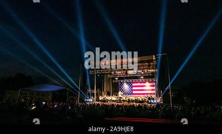 Portland (Maine) Pops Symphony on stage performing during July 4th fireworks Stock Photo