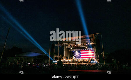Portland (Maine) Pops Symphony on stage performing during July 4th fireworks Stock Photo