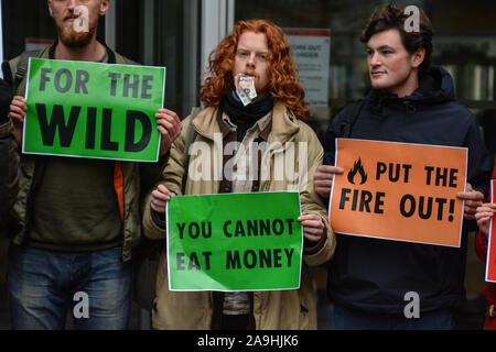 London, UK. 15th Nov, 2019. Extinction Rebellion protested against BlackRock's headquarters in London. Activists dumped pile of wood ash outside the building of the corporation, one of the biggest global investors in fossil fuels, especially coal. (Photo by Laura Chiesa/Pacific Press) Credit: Pacific Press Agency/Alamy Live News Stock Photo