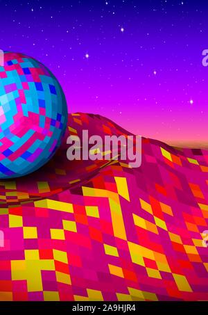 Abstract landscape with neon mountains and ball Stock Vector