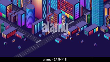 Background with concept of city and suburbs or outskirts view with isometric perspective and vibrant neon colors Stock Vector