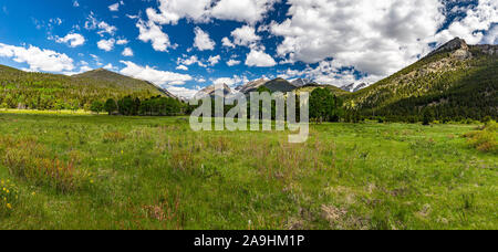A panoramic view of Mount Chapin from Sheep Lakes at Rocky Mountain National Park in Colorado. Stock Photo