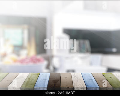 Table on defocuced interior background. 3D rendering Stock Photo