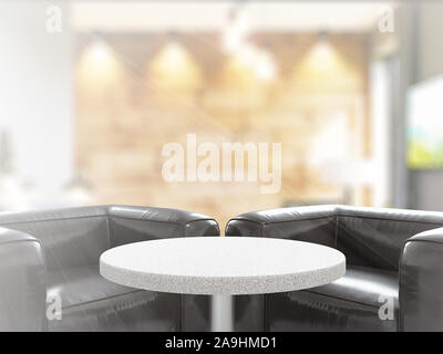 Table on defocuced interior background. 3D rendering Stock Photo