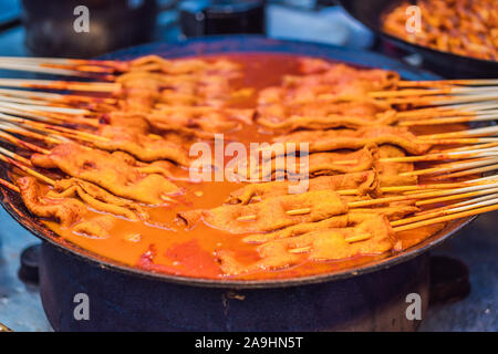 Typical Korean street food on a walking street of Seoul. Spicy fast food simply found at local Korean martket, Soul Korea