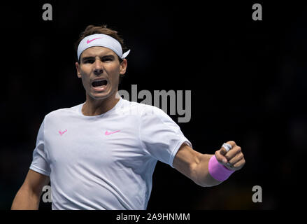London, UK. 15th Nov, 2019. Rafael Nadal of Spain celebrates during the singles group match against Stefanos Tsitsipas of Greece at the ATP World Tour Finals 2019 in London, Britain on Nov. 15, 2019. Credit: Han Yan/Xinhua/Alamy Live News Stock Photo