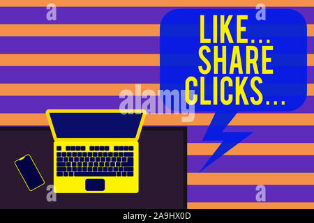 Writing note showing Like Share Clicks . Business concept for Content Marketing to Increase Engagement Social Media Office working place laptop lying Stock Photo