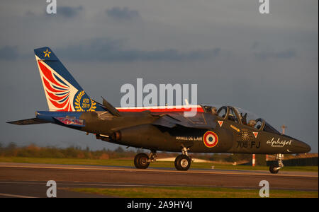 A French Air Force Dassault/Dornier Alpha Jet from Tours - Saint-Symphorien Air Base, Centre-Val de Loire region, France, taxis to the disarming ramp at Royal Air Force Lakenheath, England Nov. 13, 2019.  During the visit, French pilots participated in U.S. F-15 immersion training with Liberty Wing aircrew. Stock Photo