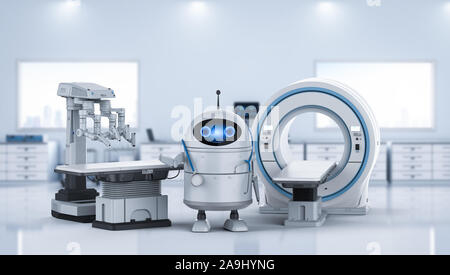 Medical technology concept with 3d rendering android robot with mri scan machine and surgery robot Stock Photo