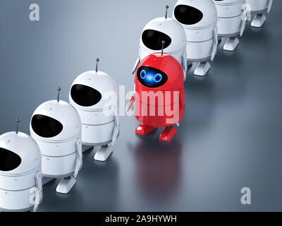 Leadership concept with 3d rendering red android robot stan out of line Stock Photo