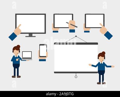 Empty screen devices with finger point and worker present flat design vector illustration Stock Vector