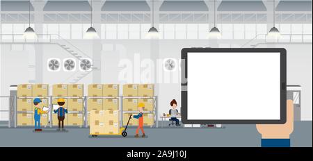 Hand hold empty screen tablet in warehouse with workers working flat design vector illustration Stock Vector