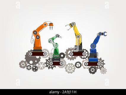 Robotic arms on gears flat design vector illustration Stock Vector