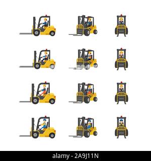 Set of forklift trucks with workers drive in three angles vector illustration Stock Vector