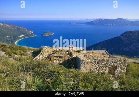 View from talayotic ruins of Talayot de Almallutx on Cape Formentor, Mallorca, Balearic islands, Spain Stock Photo