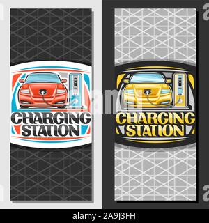 Vector layouts for Electric Car Charging Station, design sign board with cartoon electric red and yellow vehicles loading in high power charger, origi Stock Vector