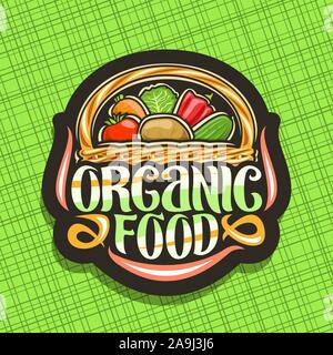 Vector logo for Organic Food, dark badge with set of heap various veggies, decorative lettering for words organic food, illustration of design signboa Stock Vector