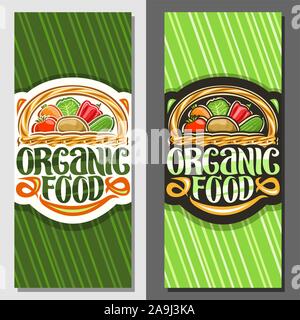 Vector banners for Organic Food, layouts with set of heap various veggies, decorative lettering for words organic food, illustration of design sign bo Stock Vector