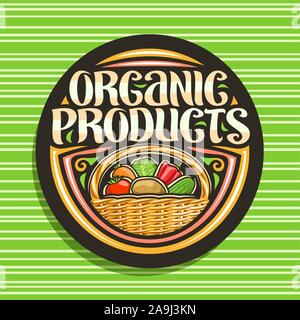 Vector logo for Organic Products, black tag with set of different cartoon veggies, decorative lettering for words organic products, raw autumn crop, d Stock Vector