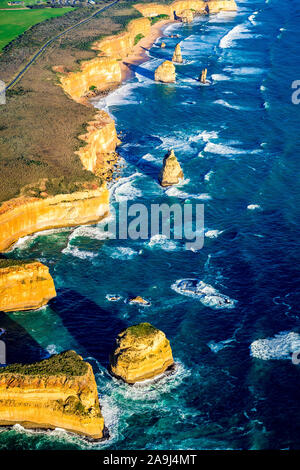 An aerial panoramic view of the Twelve Apostles within Port Campbell National Park, Victoria, Australia. Stock Photo