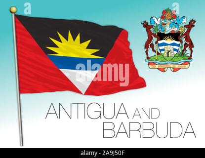 Antigua and Barbuda official flag and coat of arms, vector illustration Stock Vector
