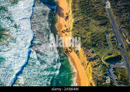 The Great Ocean Road and Gibson Steps from an aerial perspective. Victoria, Australia. Stock Photo