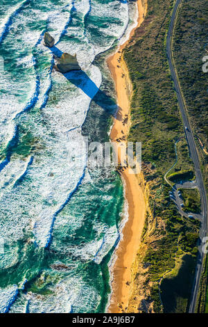 The Great Ocean Road and Gibson Steps from an aerial perspective. Victoria, Australia. Stock Photo