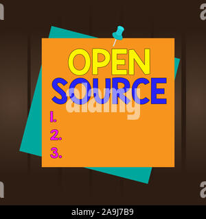 Writing note showing Open Source. Business concept for denoting software which original source code is made free Reminder color background thumbtack t Stock Photo