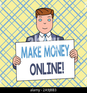Writing note showing Make Money Online. Business concept for making profit using internet like freelancing or marketing Smiling Man Holding Suit Poste Stock Photo