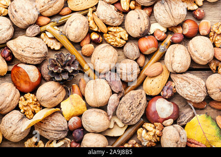 Different types of nuts.Natural background made from different kinds of nuts. Stock Photo