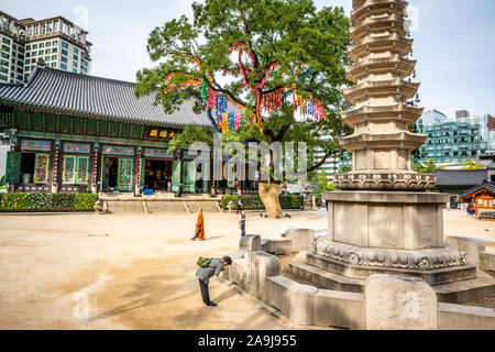 Seoul Korea , 25 September 2019 : Jogyesa temple view with the Daeungjeon hall the pagoda tree and people praying in Seoul South Korea Stock Photo