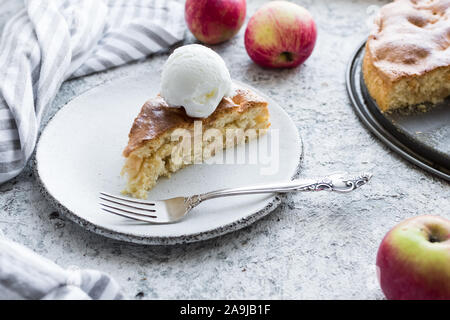 Freshly baked simple apple pie Charlotte on gray table background. Sponge cake. Homemade classical friut tart. Stock Photo