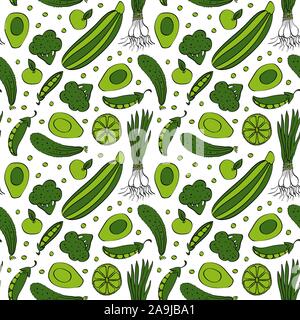Seamless pattern with green hand drawn vegetables and fruits. Outline colored objects on white background. Vector illustartion. Stock Vector