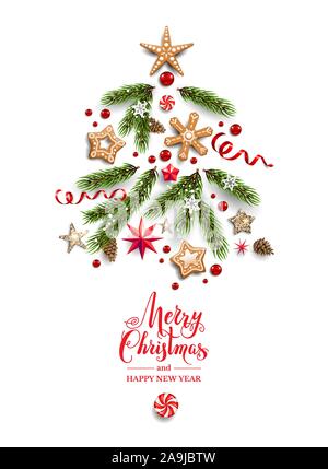 Christmas Tree silhouette made of realistic snowflakes, pine tree branches, gingerbreads and stars flat lay on white backdrop. Winter greeting card. Stock Vector