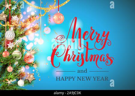 Blue fairy background template with beautiful Christmas tree branches. Holiday decorations and festive lettering. Christmas balls, stars, golden tinse Stock Vector