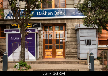 Ethiopia, Addis Ababa, Piazza, Taitu Area branch of Dashen Bank, with ATMs outside Stock Photo