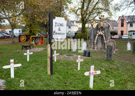 Scary Halloween figures and decorations in a small public park in Kenmare, Ireland Stock Photo