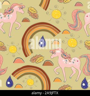 Seamless Pattern with cute hand drawn unicorns and rainbows. terracotta Colours. Scandinavian Style. Vector Illustration Stock Vector