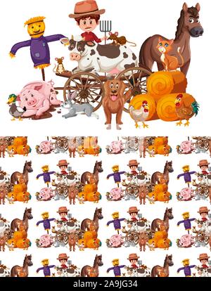 Seamless background design with farmer and animals illustration Stock Vector
