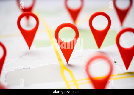 Close-up Of A Road Map With Red Navigation Icons Stock Photo