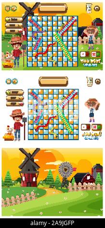 Set of game templates with famers and barns illustration Stock Vector