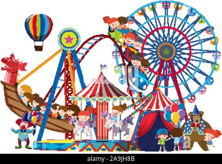 Children riding on circus rides  illustration Stock Vector